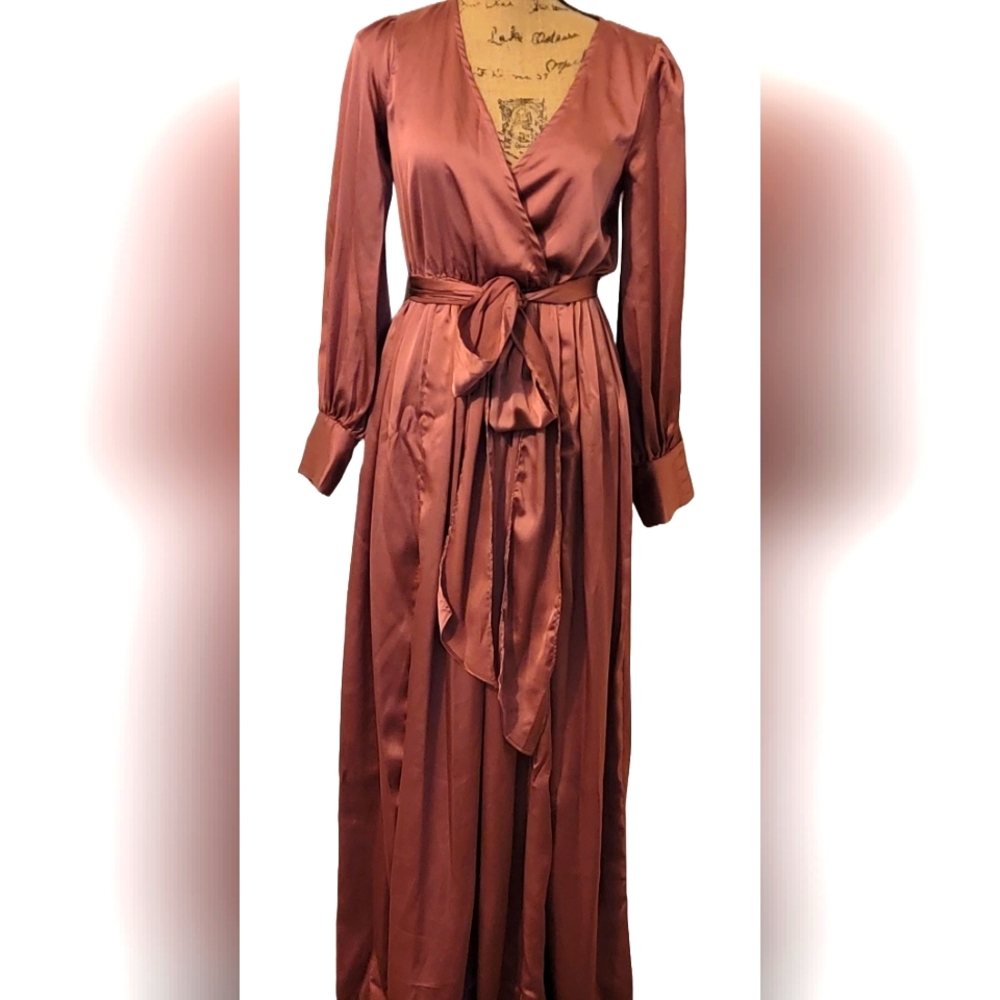 Dress Day Champagne Satin Wrap Puff Sleeve Side Slits Belted Maxi Dress